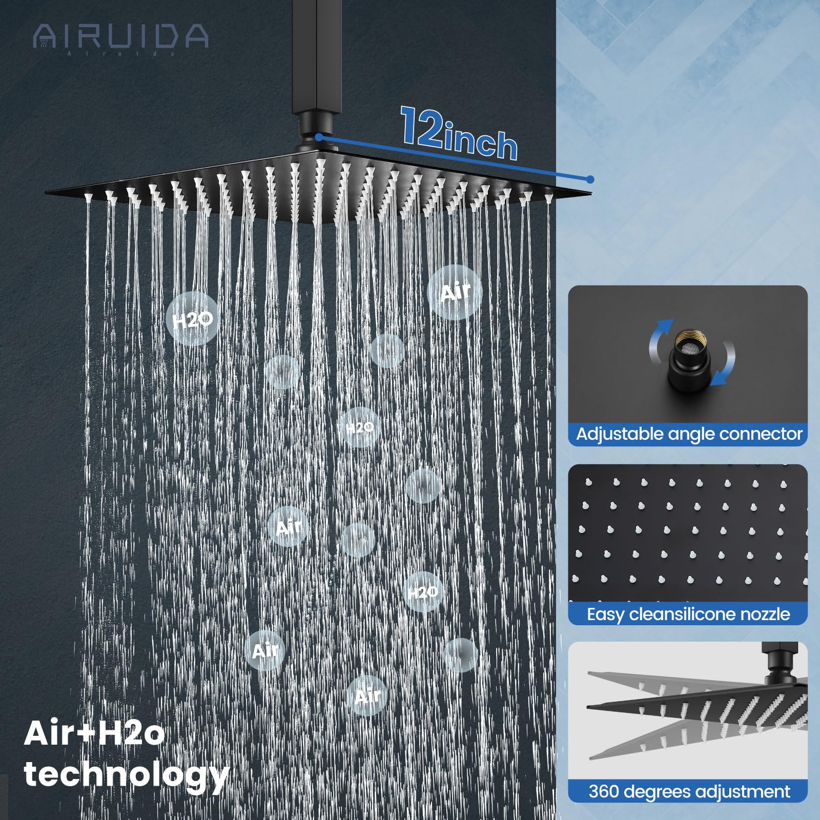 Airuida Matte Black 12 Inch Rainfall Shower System - Ceiling Mount Shower Faucet with SUS304 Ultra-Thin Shower Head & Brass Handheld Mixer Valve - Perfect for Modern Bathroom, Spa, and Luxury Home Renovation