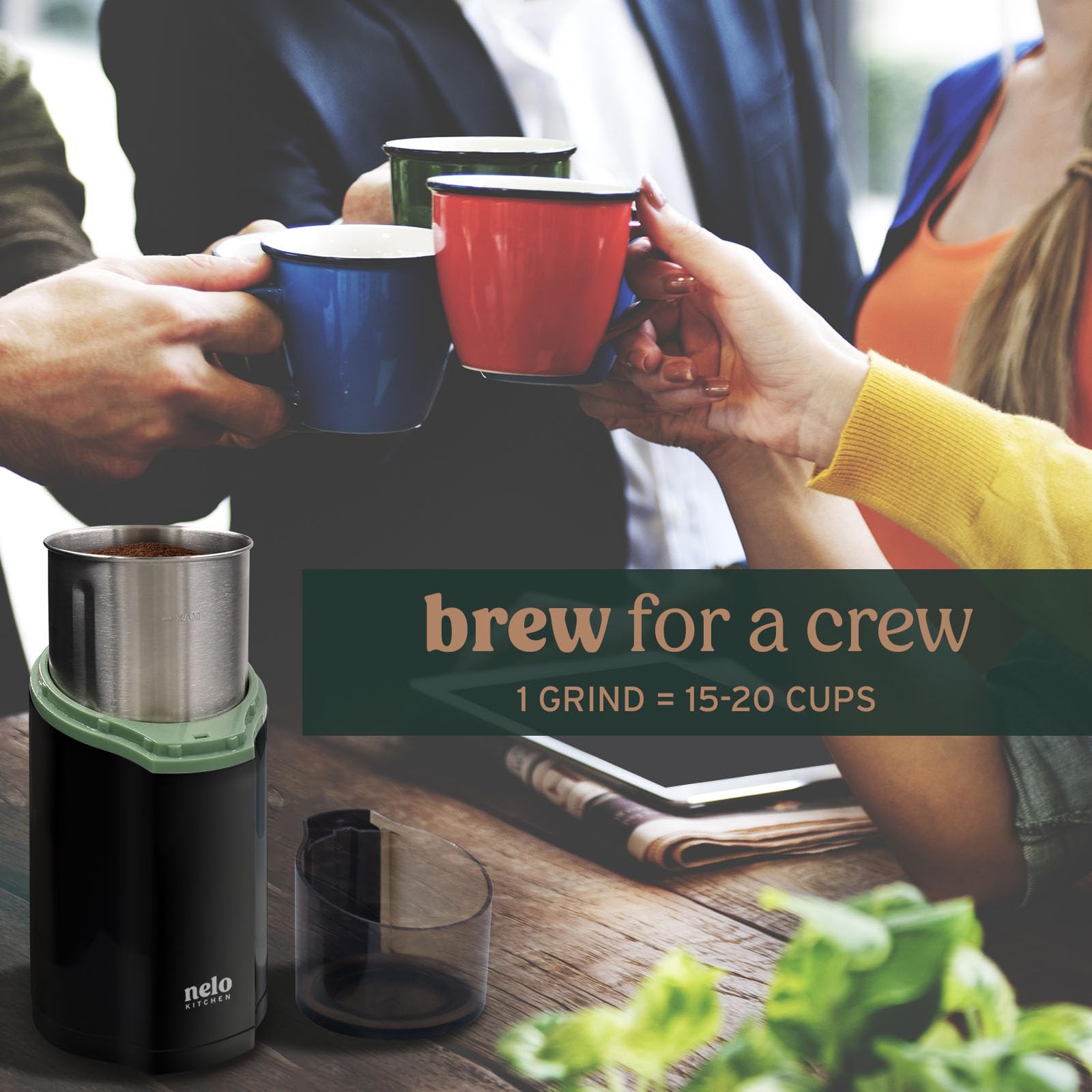 NELO 3.5oz Electric Coffee Grinder - 200W One-Touch Operation, BPA-Free Stainless Steel Dishwasher Safe Bowl for Coffee Beans, Spices & Nuts - 15 Cup Capacity - Perfect for Home Kitchens & Coffee Shops