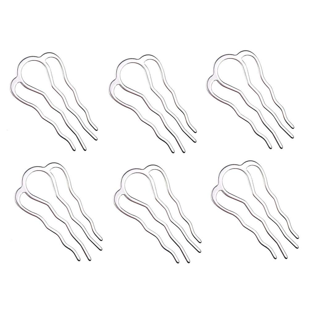 6-Piece Brass Hair Fork Clips Set - 4 Teeth Hair Bun Holder, Side Comb Clips for Women & Girls (46x26mm, Silver) - Perfect for Bridal Hairstyles, Updos & Everyday Elegance