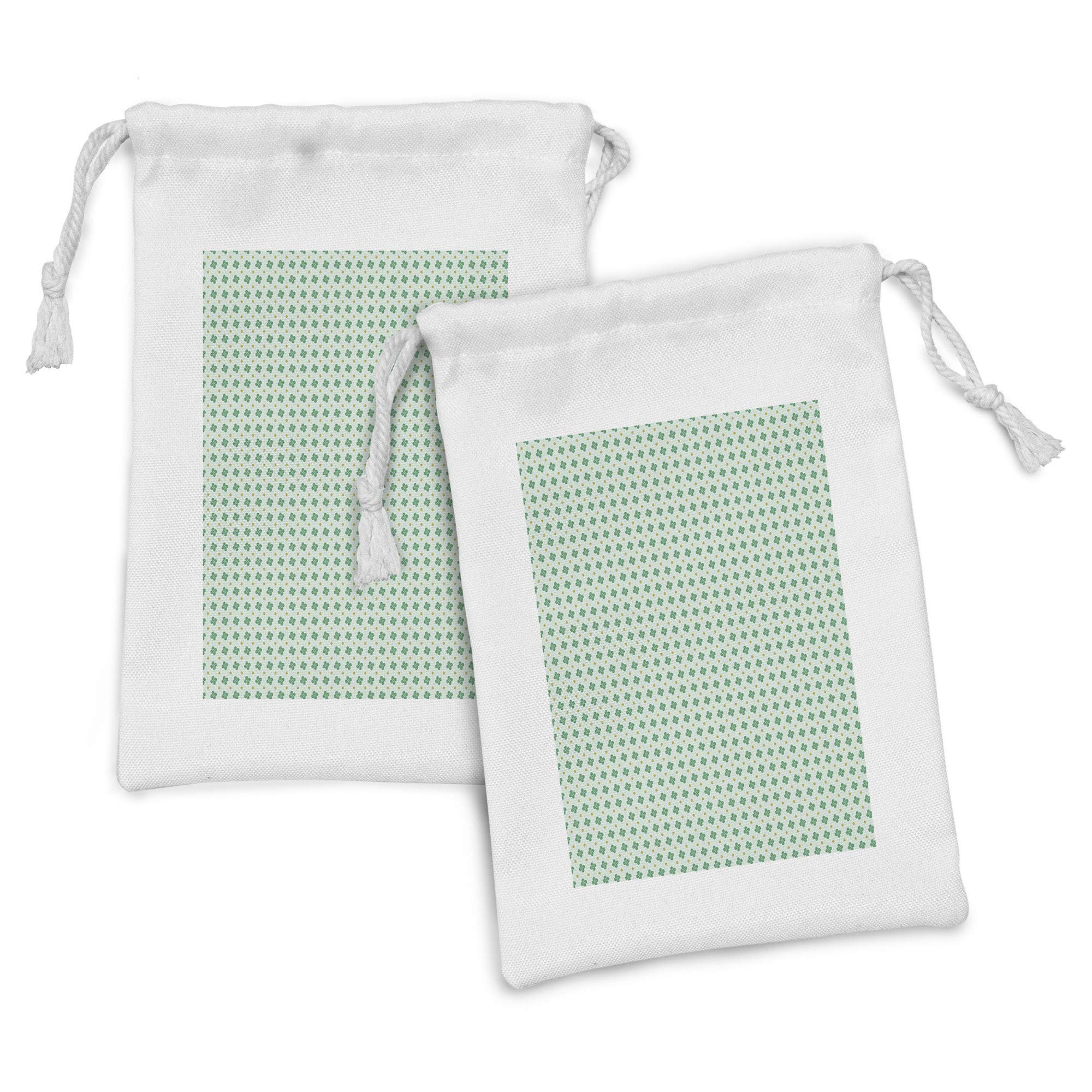 Ambesonne Floral Fabric Pouch Set of 2 - Modern Polka Dot & Shamrock Leaf Design, Small Drawstring Bags for Toiletries, Face Masks, Jewelry & Party Favors (9
