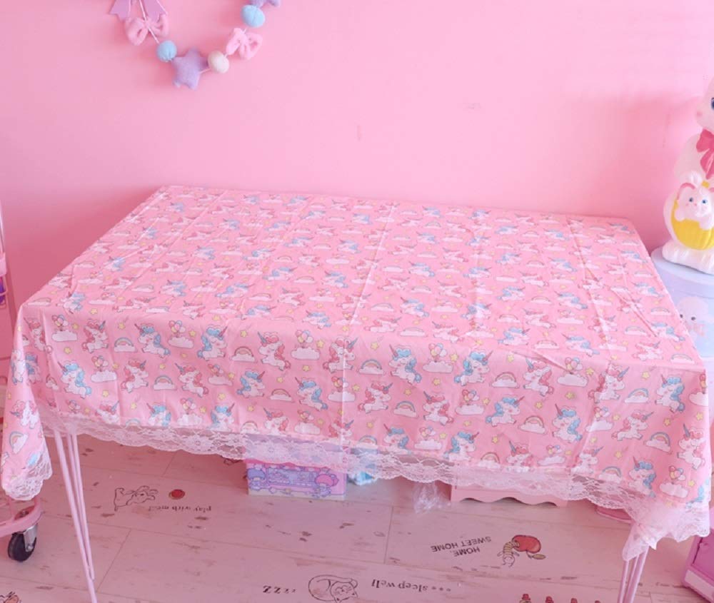 GK-O Girls Pink White Lace Kawaii Tablecloth - Unicorn Print Coffee Table Decor Desk Mats for Birthday Party, Tea Time & Home Decoration
