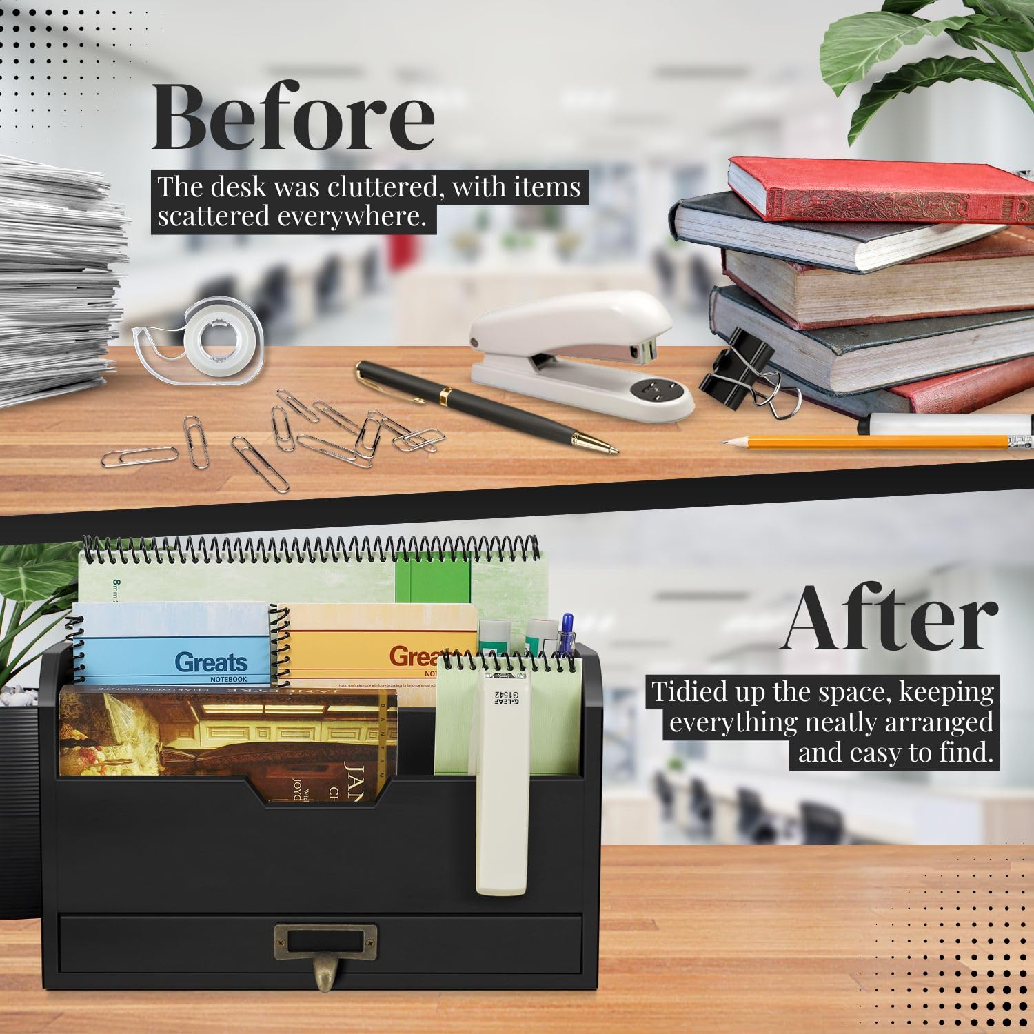 Flexzion 3-Tier Wooden Desk Organizer - Rustic Mail Sorter with Storage Drawer, Countertop File Tray & Pencil Holder for Home Office Organization | Perfect for Bills, Letters, Office Supplies & Stationery Storage