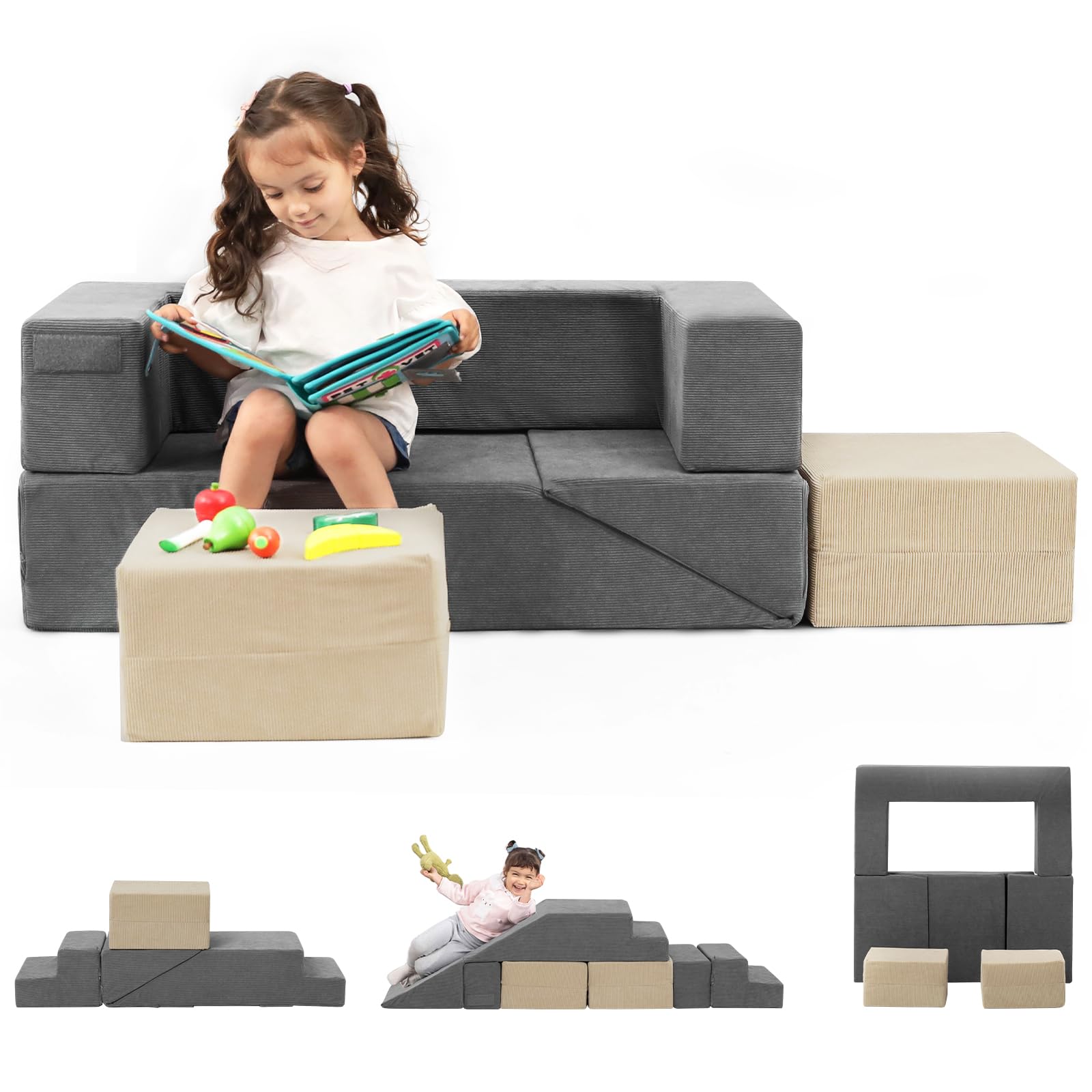 Modular Kids Play Couch - Convertible Toddler Climbing Sofa with 2 Ottomans, Foldable Floor Cushion for Playroom & Bedroom | Imaginative Play Furniture for Indoor Activities & Cozy Reading Nook
