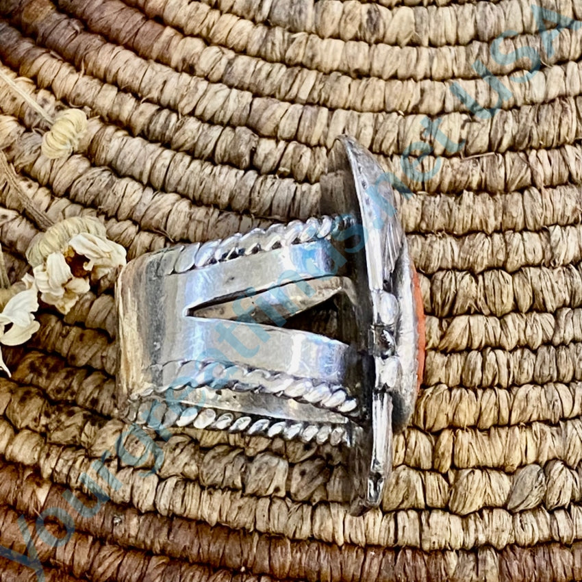 Authentic Navajo One Feather Red Coral Ring - Size 6.5 for Women | Handmade Native American Jewelry | Perfect for Boho Fashion, Weddings & Special Occasions