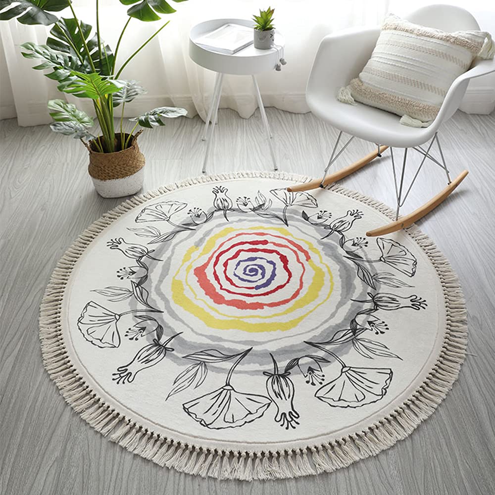 Bohemian Round Cotton Area Rugs - Washable Woven Floor Carpet with Tassels for Kitchen, Living Room, Bedroom & Laundry Room - 120cm (47in) - Perfect for Boho Home Decor & Cozy Spaces