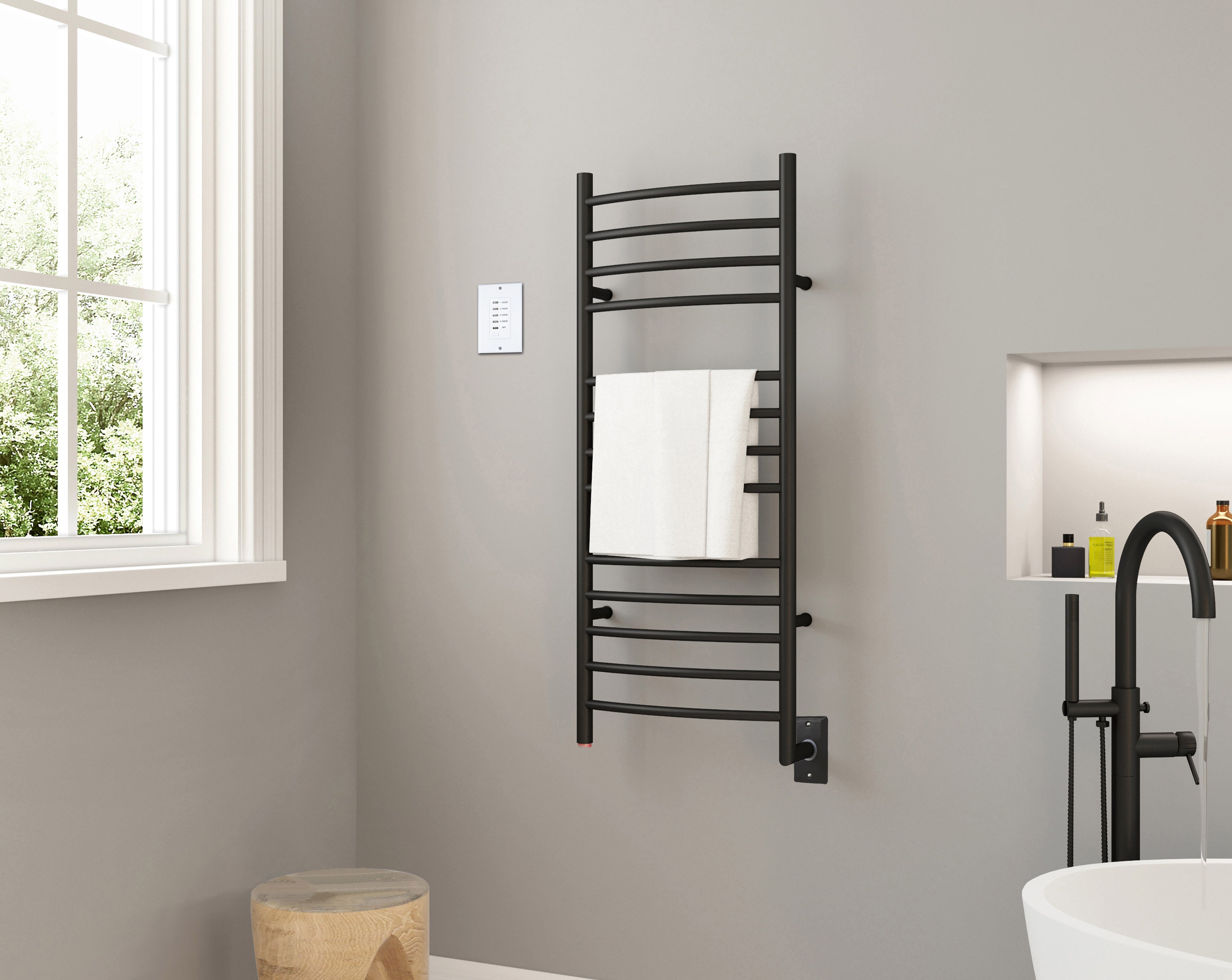 Ancona Svelte Rounded 13 Bar Hardwired Towel Warmer with Wall Countdown Timer - Matte Black Bathroom Heater for Luxury Spa, Hotel & Home Use