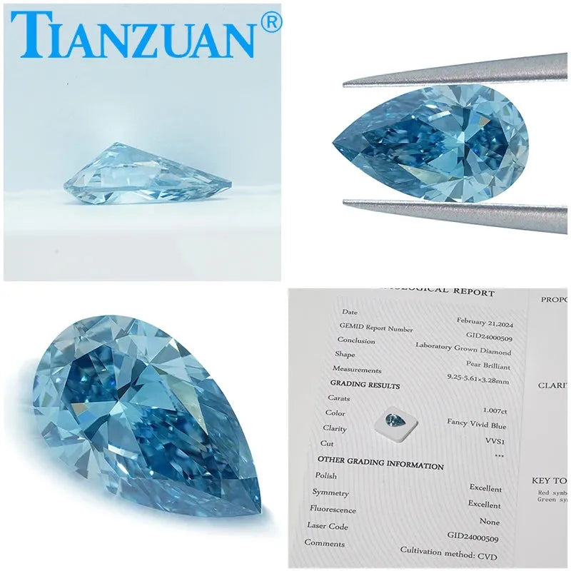 1ct VVS1 Lab Grown CVD Diamond - Pear Cut Fancy Vivid Blue Loose Gemstone (2EX Cut, GEMID Certified) for Engagement Rings & Fine Jewelry Making