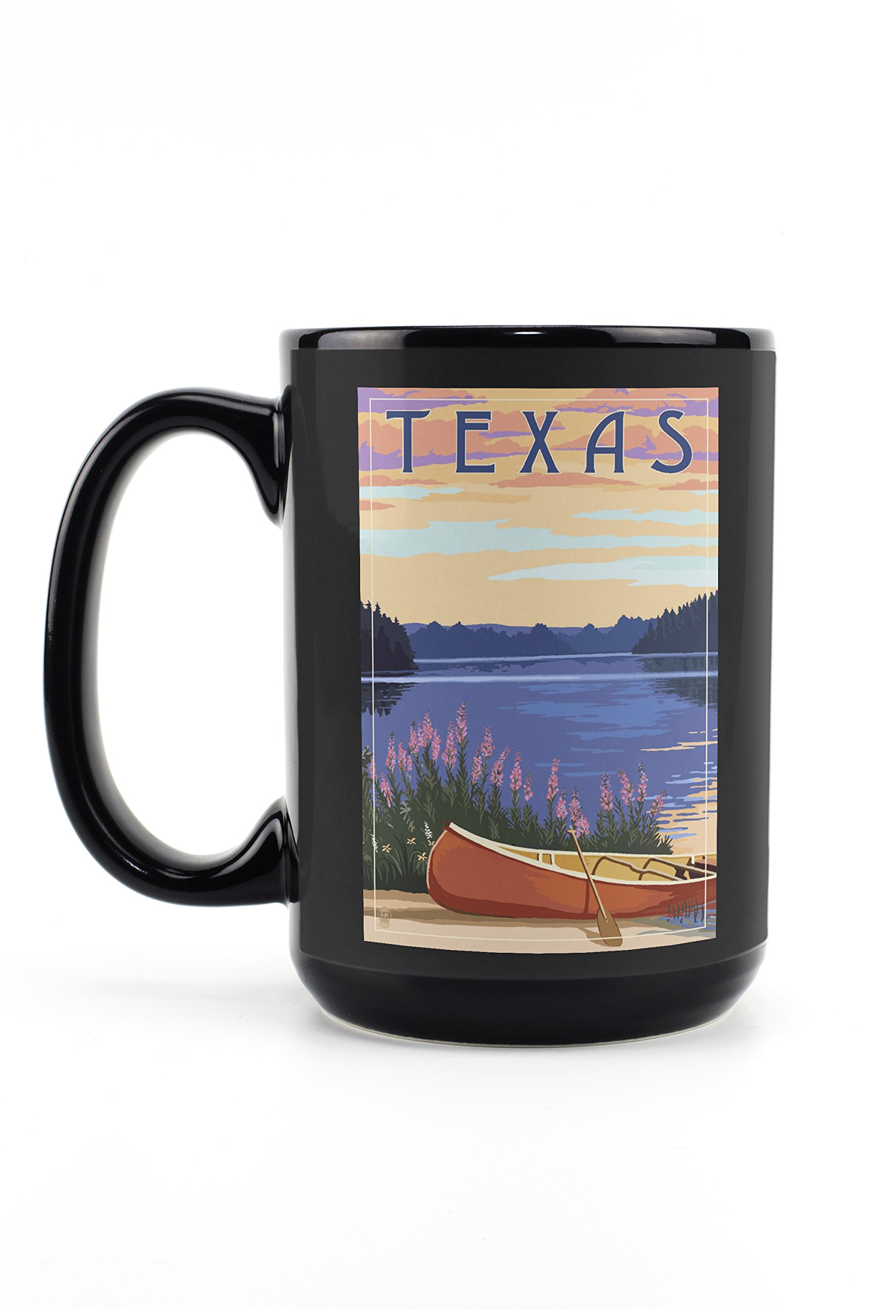 Texas Canoe and Lake Design 15oz Black Ceramic Coffee Mug - Microwave & Dishwasher Safe - Perfect for Camping, Office Use and Gift Giving