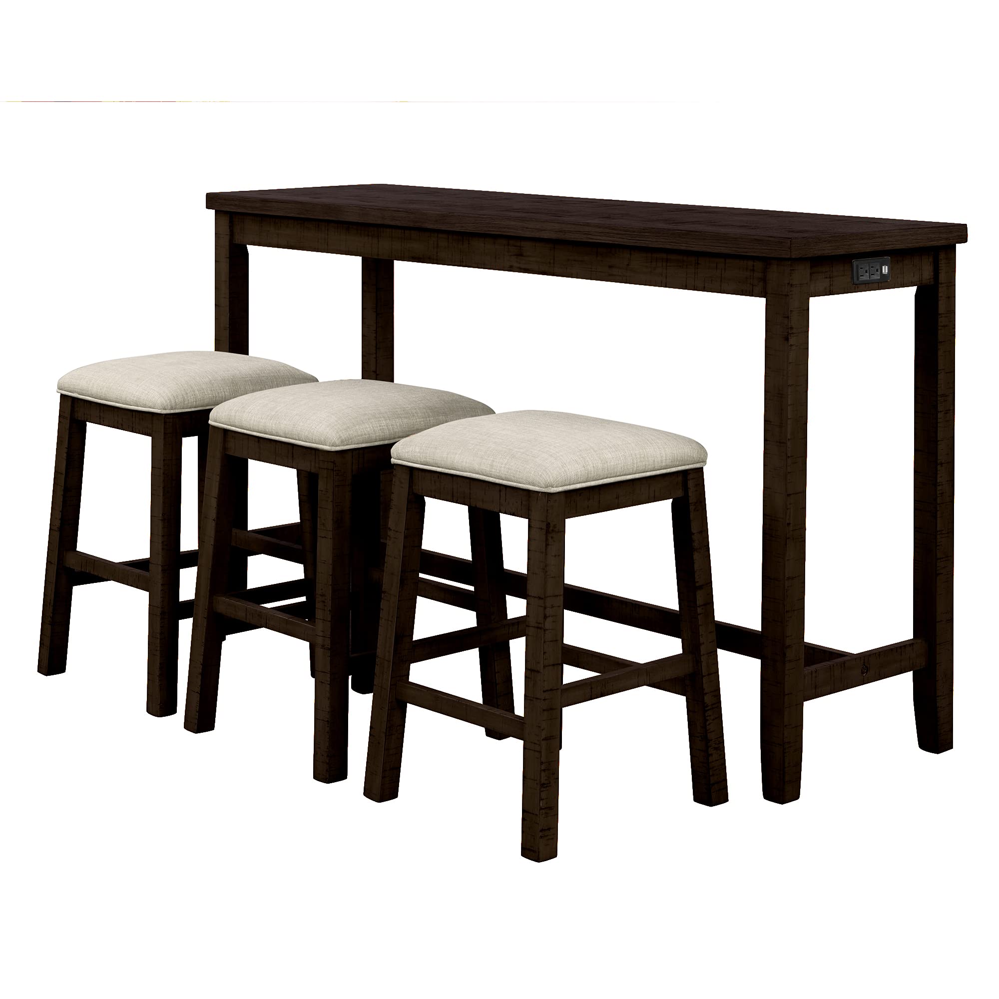 4-Piece Counter Height Dining Table Set with USB Socket & Fabric Padded Stools - Rustic Brown Bar Height Table for Kitchen, Breakfast Nook, Home Office or Small Space Dining - Perfect for Eating, Working & Studying