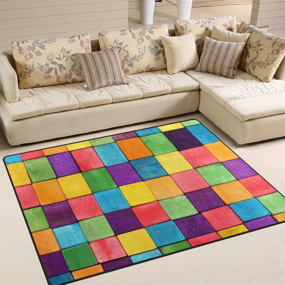 ALAZA Colorful Block Rainbow Area Rug - Soft Non-Slip 5'3