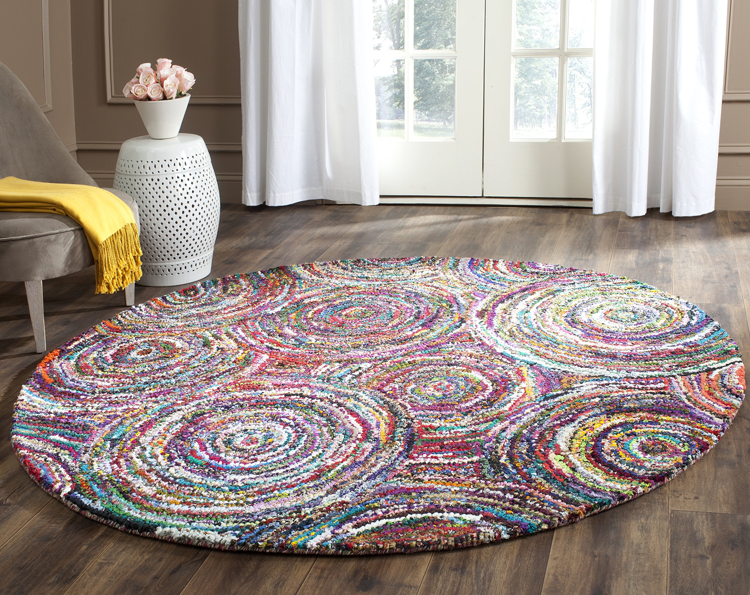 SAFAVIEH Nantucket Collection 6' Round Multi NAN514A Handmade Boho Abstract Circles Cotton Area Rug - Perfect for Living Room, Bedroom & Boho Home Decor