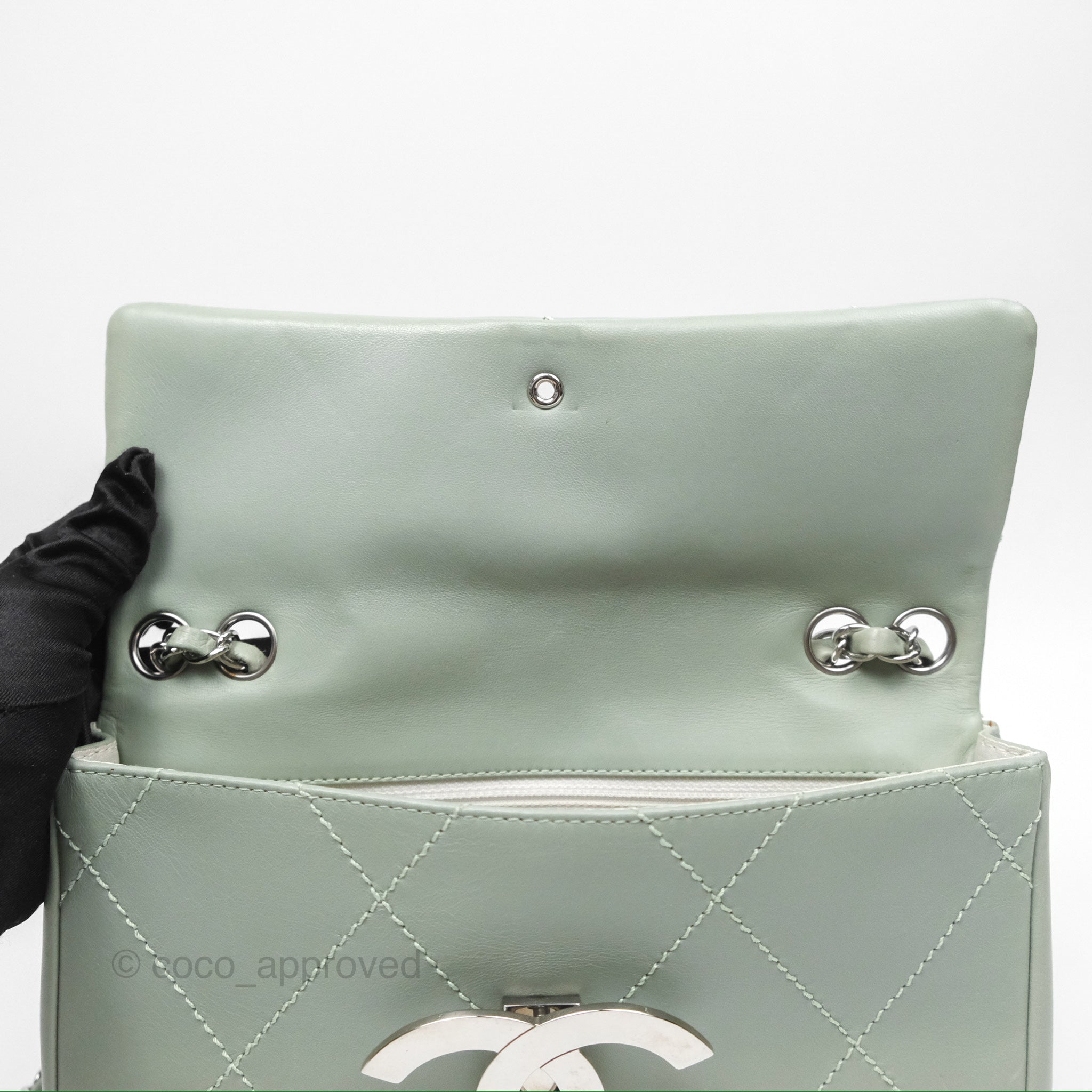 Chanel CC East West Flap Bag Genuine Lambskin Leather Mint Green with Silver Hardware - Luxury Crossbody Purse for Women, Perfect for Date Night & Special Occasions