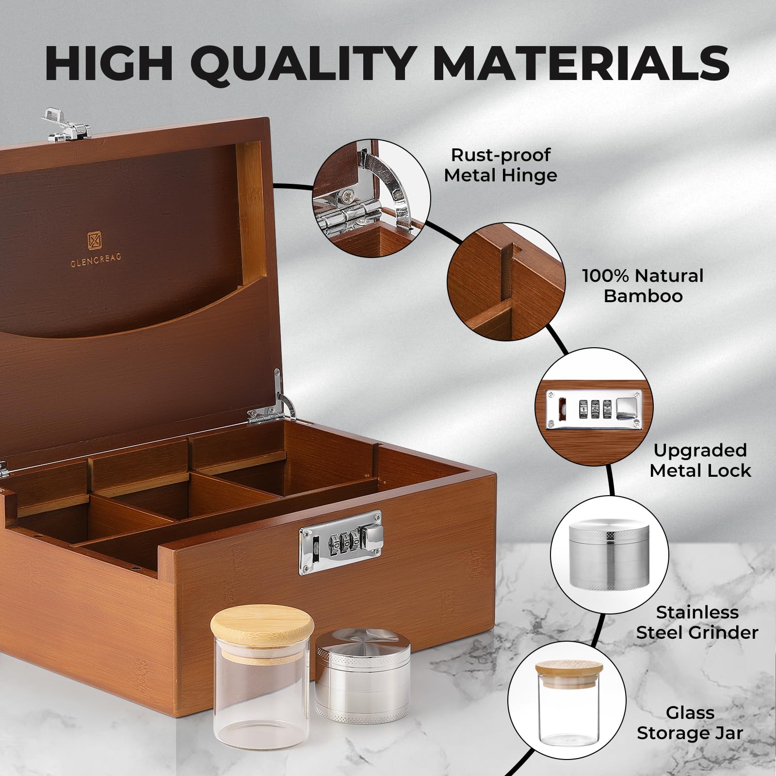Smell Proof Bamboo Stash Box with Lock - Large Rolling Tray Storage Set Includes Glass Jars & Herb Grinder - Decorative Gift for Men & Women - Perfect for Organizing Smoking Accessories at Home or Travel