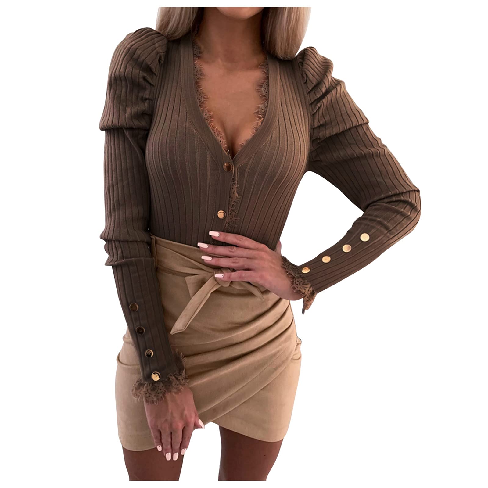 Women's High-Neck Long-Sleeve Lace Trim Sweatshirt - Fashion Solid Color Loose Fit Tee Shirt for Casual Wear, Outfits & Layering (Black)