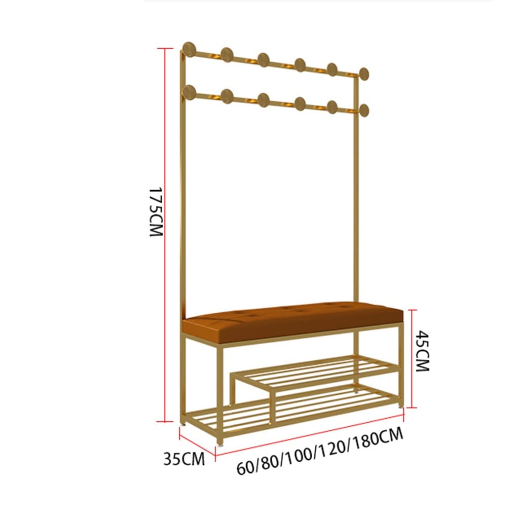 4-in-1 Hall Tree Entryway Organizer - Coat Rack, Shoe Bench with 2-Tier Storage Shelves & Hooks - Multifunctional Iron Art Storage Shelf for Living Room, Bathroom, Bedroom (Gold, 80x35x175cm) - Perfect for Small Spaces & Entryway Organization