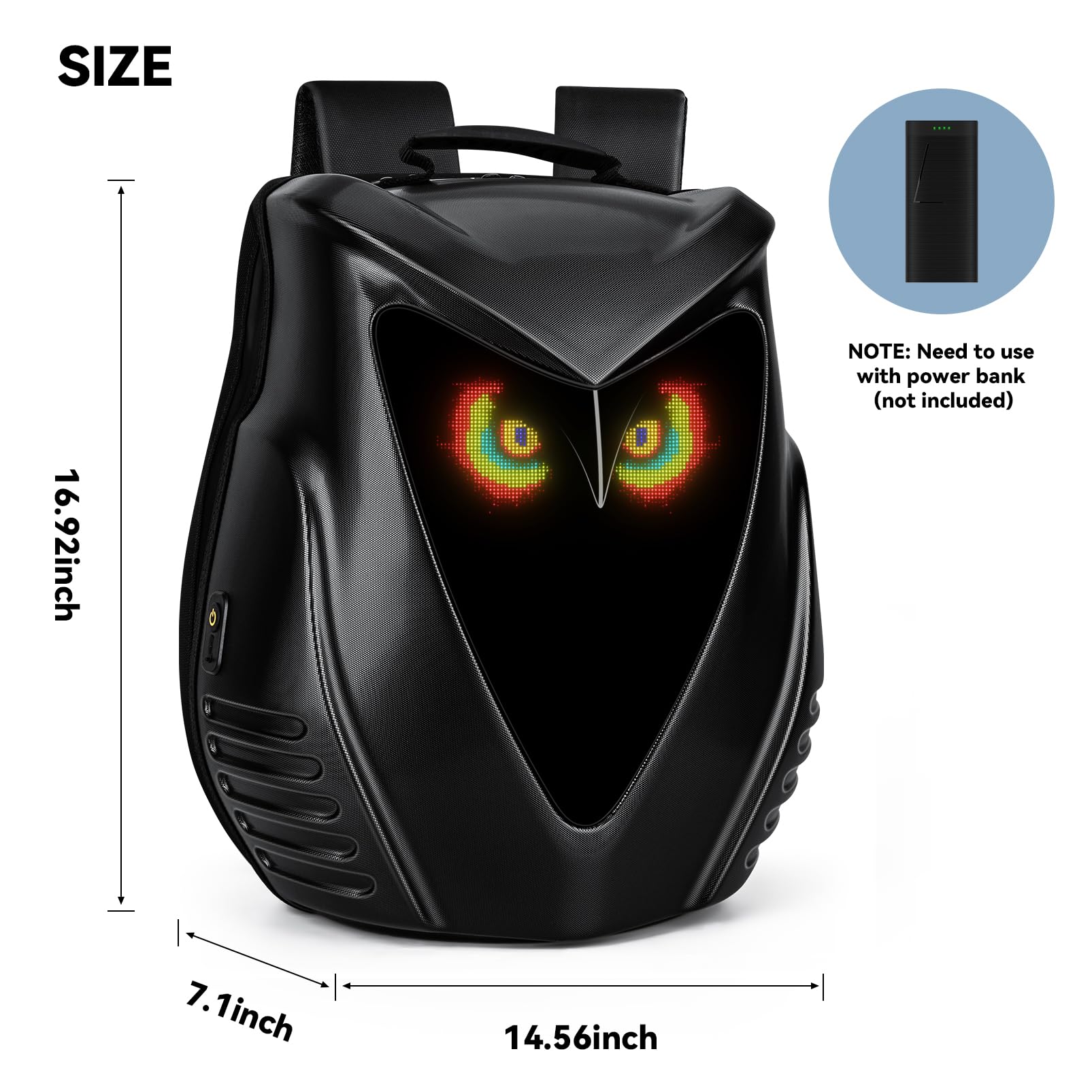 Programmable LED Backpack with App Control - Customizable Owl Eyes Design, USB Charging Port - Perfect for Laptop, Travel & Motorcycle Use - Great Gift for Men & Tech Enthusiasts