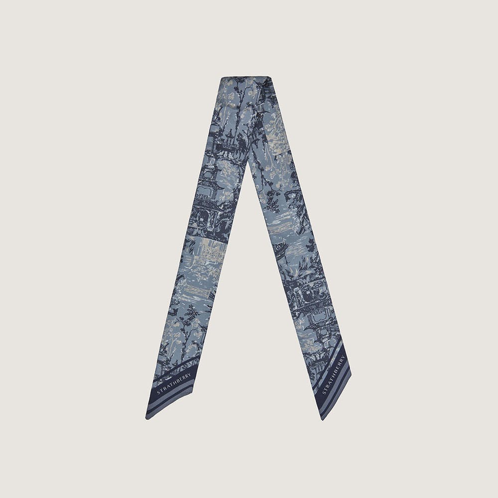 Silk Skinny Scarf for Women - Denim Blue & Navy Oriental Print Fashion Accessory - Perfect for Office, Travel and Special Occasions