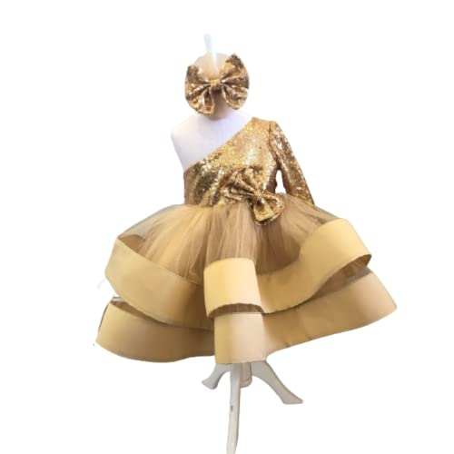 Gold Floral One Shoulder Tulle Dress for Girls - Elegant Baby Toddler Couture Party Gown, Sleeveless Tutu Flower Dress for Birthday, Wedding, Holiday & Special Occasions