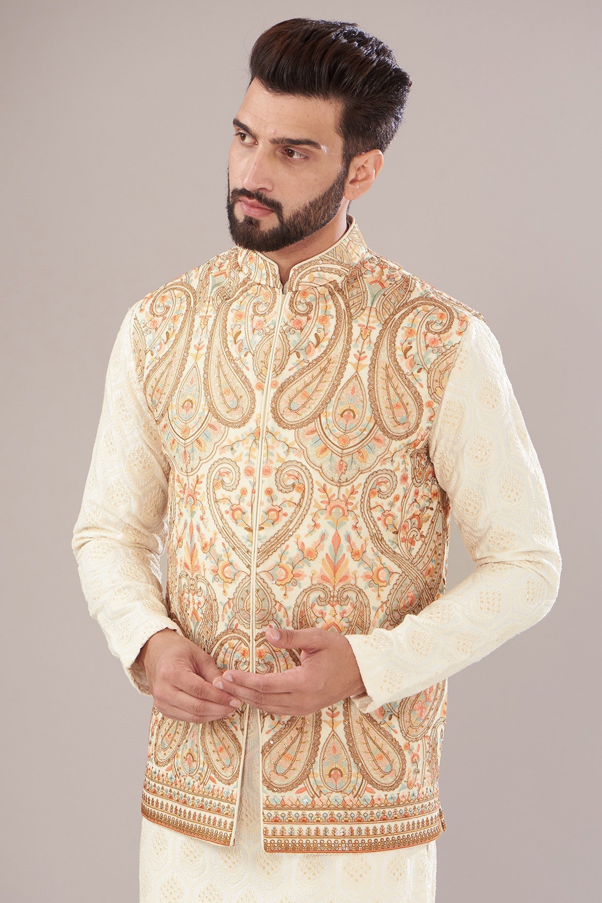 Elegant Ivory Georgette Embroidered Nehru Jacket for Men | Traditional Indian Wedding Attire | Perfect for Festivals, Parties & Cultural Events
