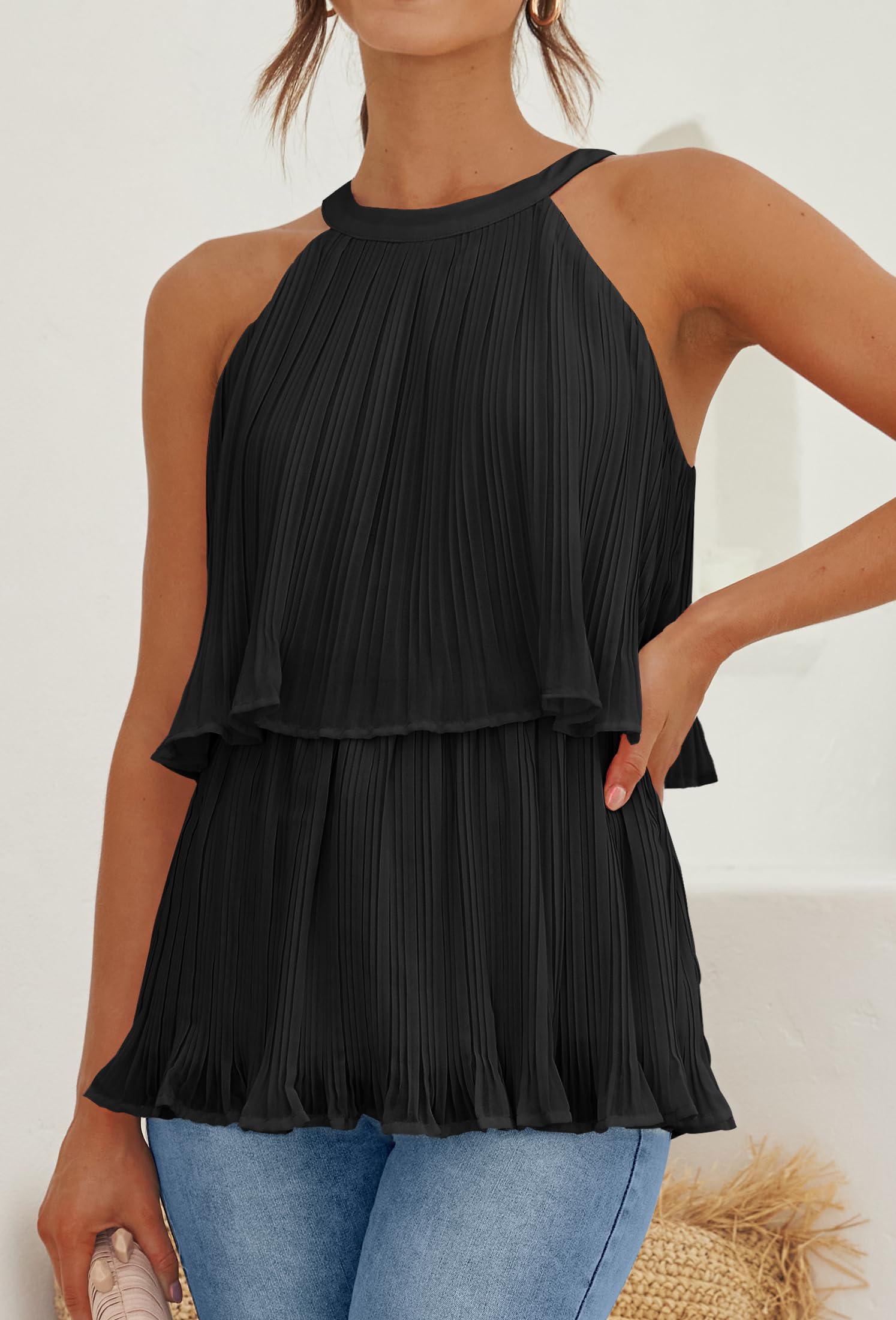 ZESICA Women's Summer Halter Tank Tops - Casual Sleeveless Ruffle Tiered Layered Chiffon Flowy Blouse Shirts for Beach, Vacation & Outdoor Activities