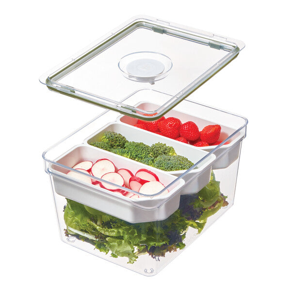 Fresh Large Tall Produce Storage Bin with 3 Adjustable Dividers - Perfect for Organizing Fruits, Vegetables in Kitchen, Pantry or Refrigerator