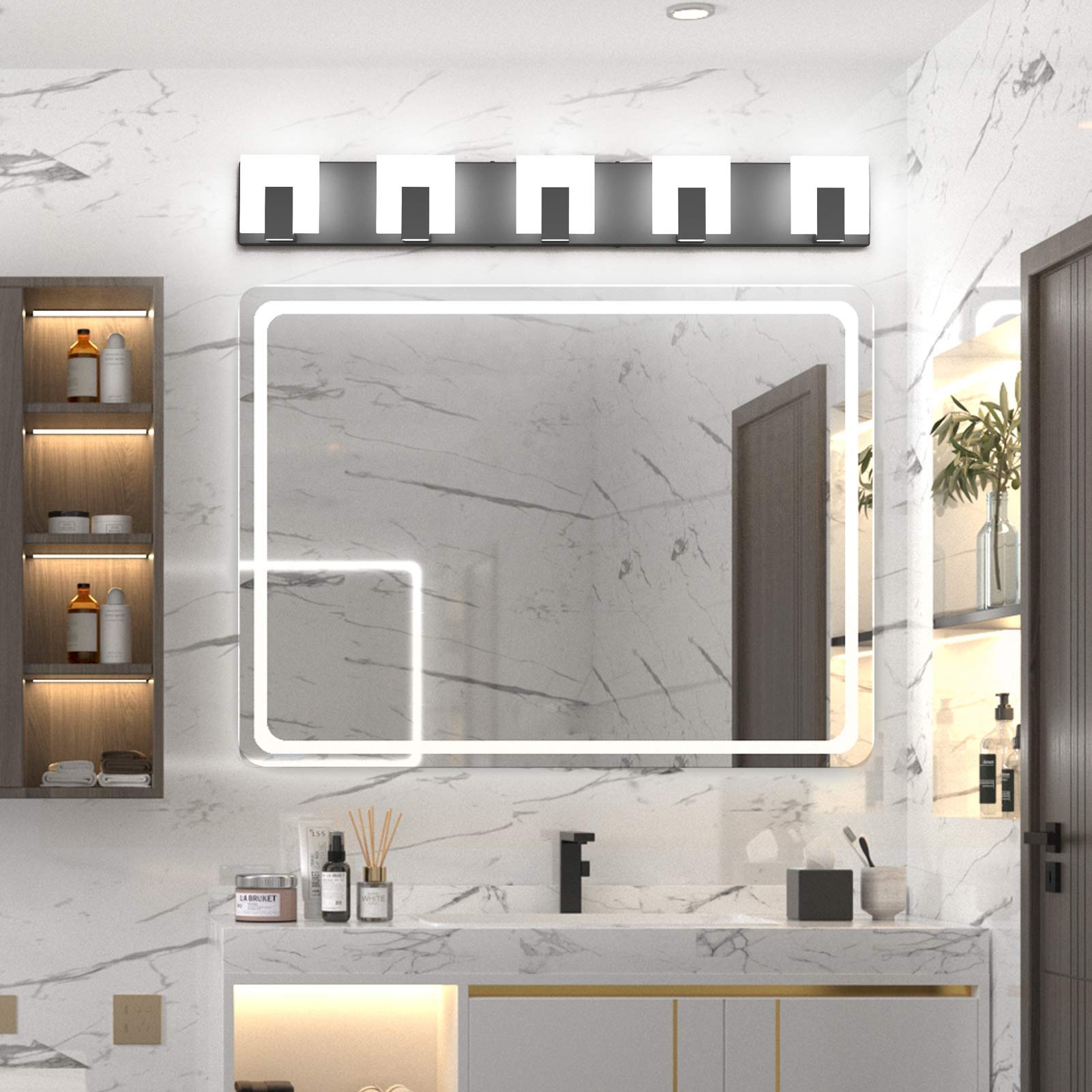 Aipsun 5-Light Modern Black Vanity Light Fixture - Up & Down LED Bathroom Wall Light for Mirror (6000K Cool White) - Perfect for Bathroom, Dressing Room & Makeup Area Lighting