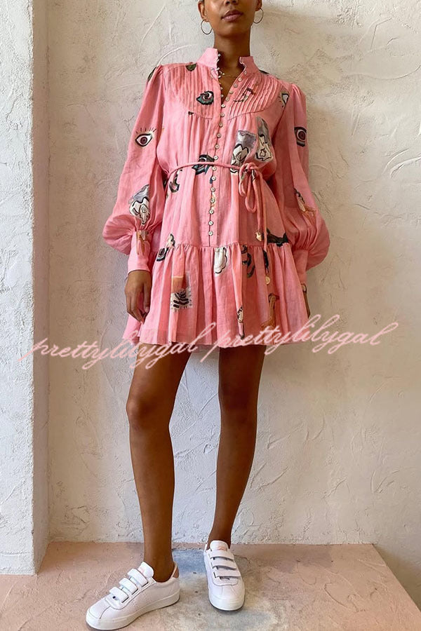 Unique Print Single Breasted Balloon Sleeve Tie Waist Ruffled Mini Dress - Elegant Party & Date Night Outfit for Women