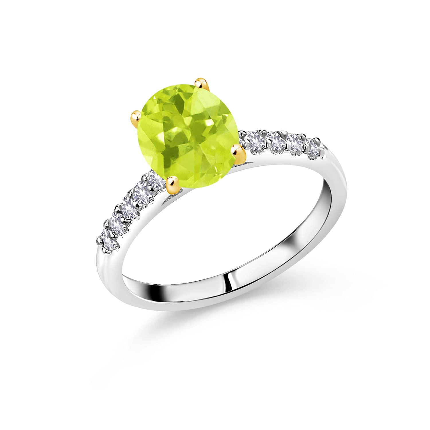 2.40 Ct Lemon Quartz & White Sapphire 10K White Gold Ring with Yellow Gold Prongs - Elegant Gemstone Jewelry for Weddings, Anniversaries & Special Occasions