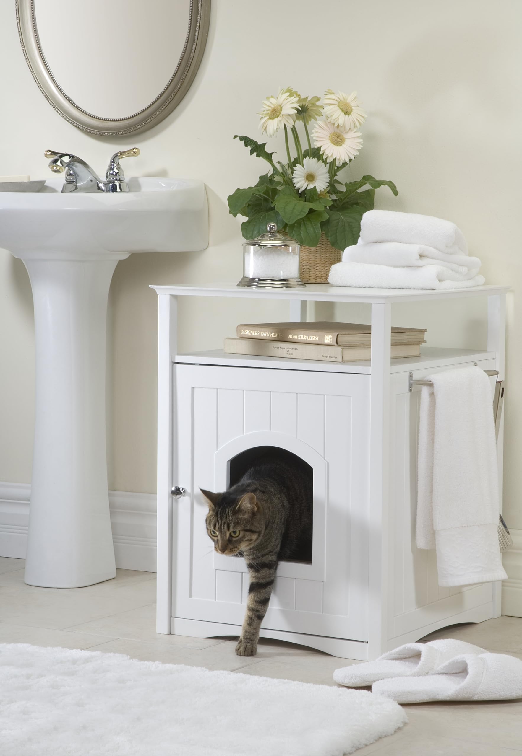 White Merry Pet Cat Washroom & Night Stand Pet House - Cozy Cat Bed with Built-in Litter Box for Small Spaces, Bedroom or Living Room