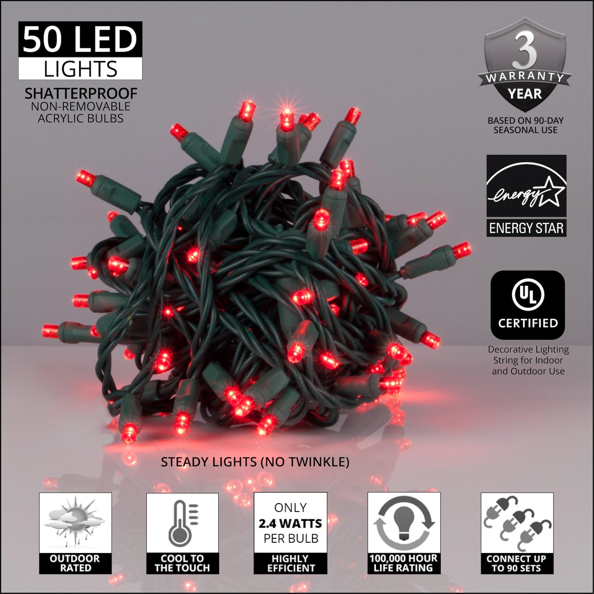 Wintergreen 50 LED Red Christmas Lights - 5mm, 6