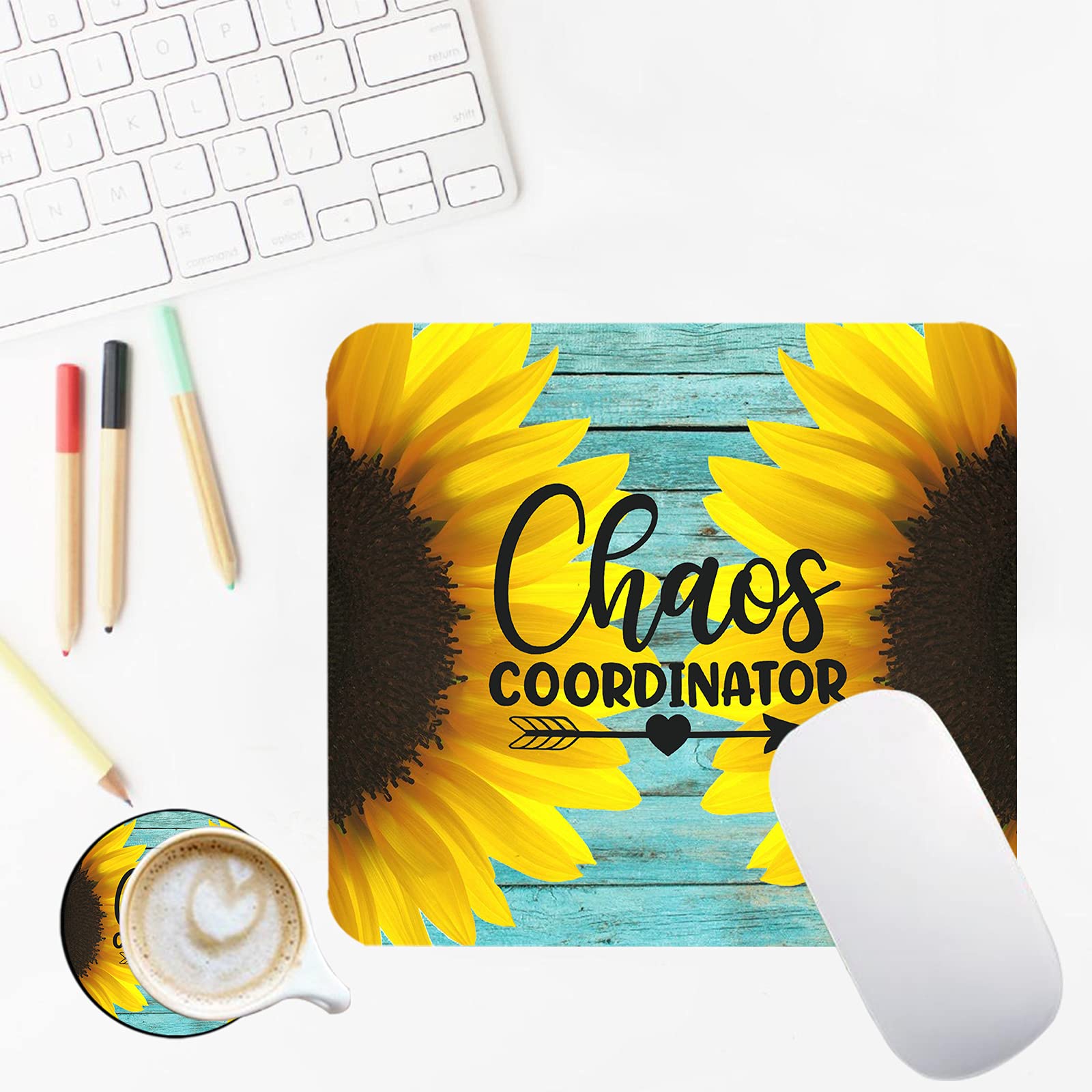 Cute Teal Sunflower Mouse Pad - Non-Slip Square Small Mouse Mat with Free Matching Coaster for Laptop & Computer | Portable Office Desk Accessory for Women | Perfect for Work, Gaming & Home Office Use