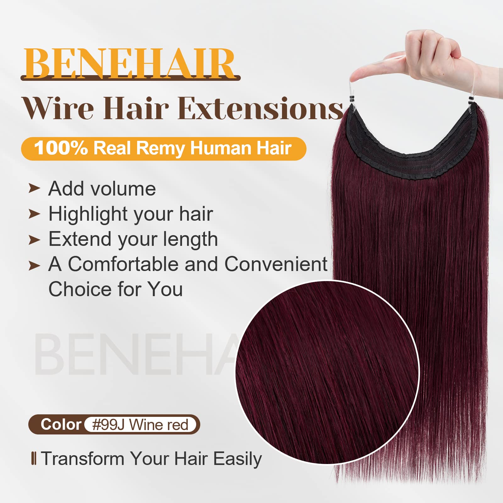 18 Inch 100g Wine Red Human Hair Extensions with Thick Ends & Invisible Wire - Real Human Hair with 2 Fish Lines for Thicker, Natural-Looking Hairpieces | Perfect for Women's Daily Styling, Parties & Special Occasions