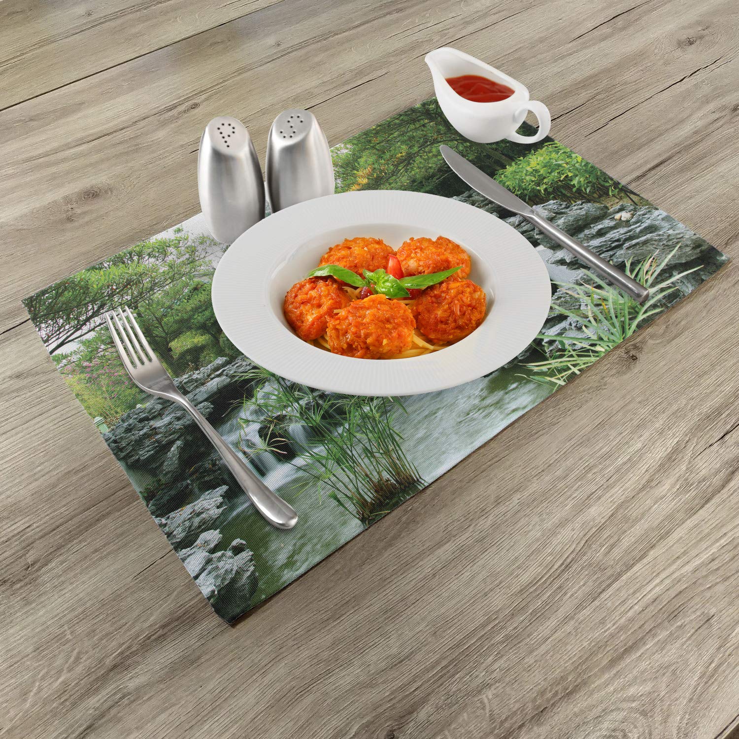 Ambesonne Japanese Autumn Landscape Place Mats Set of 4 - Washable Fabric Table Mats with Trees, Stones & Lake Design for Dining Room & Kitchen Decor | Perfect for Fall Dinner Parties, Thanksgiving & Seasonal Home Styling (Green & White)
