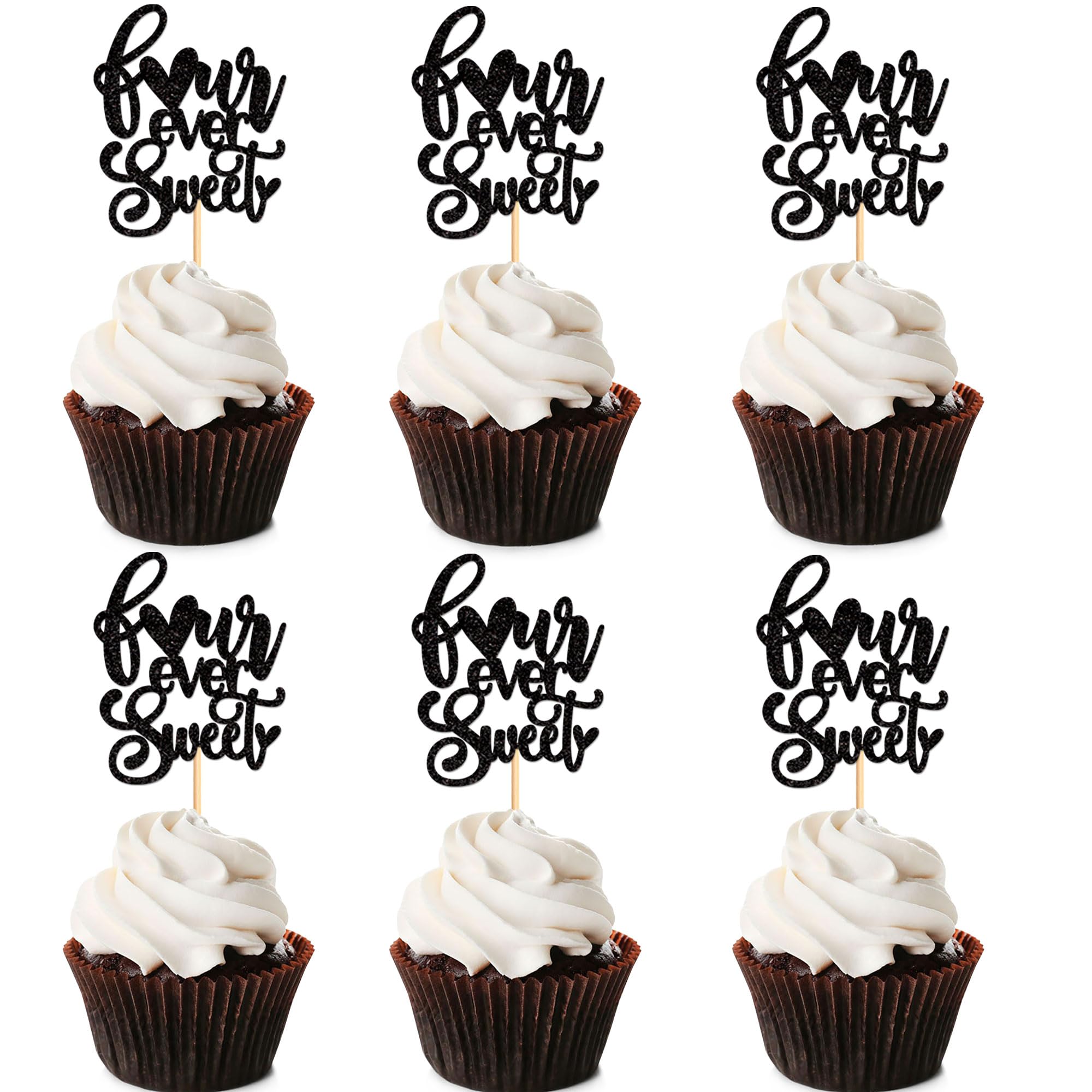 24 Pack Black Glitter Four Ever Sweet Cupcake Toppers - Premium Cake Decorations for Baby Showers, Kids 4th Birthday Parties & Themed Celebrations - Perfect for Dessert Tables, Wedding Cakes & DIY Baking Projects