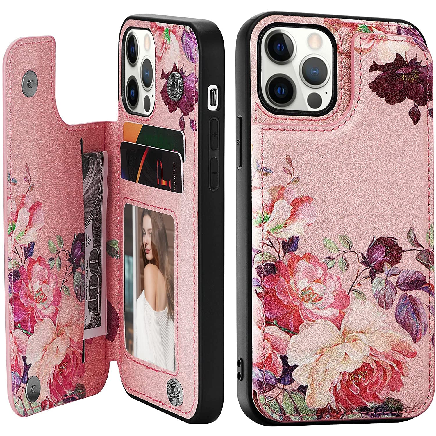 Premium Leather Wallet Case for iPhone 13 Pro - Floral Design Card Holder with Flip Cover | Durable Women's Phone Case for Everyday Use & Gift Giving