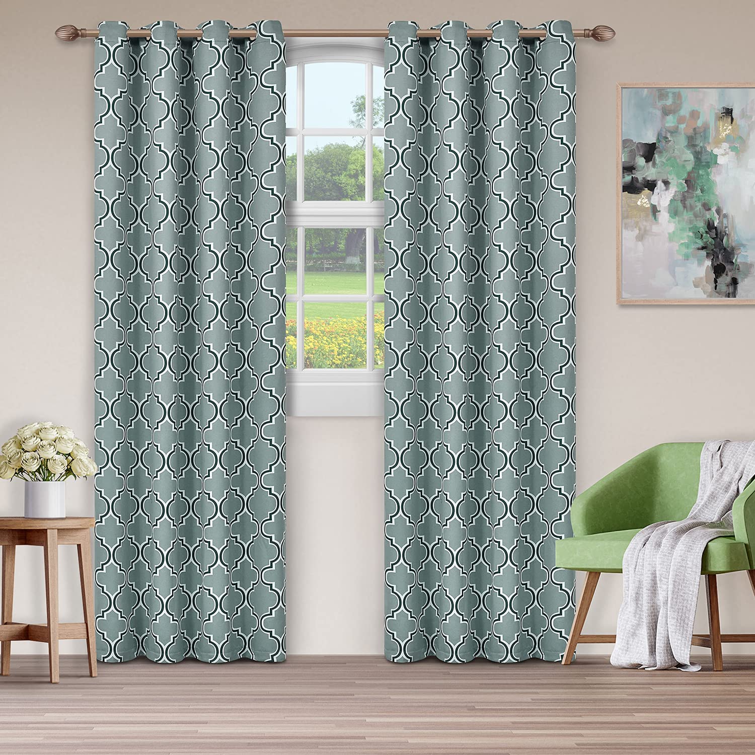 Bohemian Trellis Printed Blackout Curtains with Grommet Top - 2 Panels Set for Living Room & Bedroom - Noise Reducing & Light Blocking Window Drapes for Home Decor