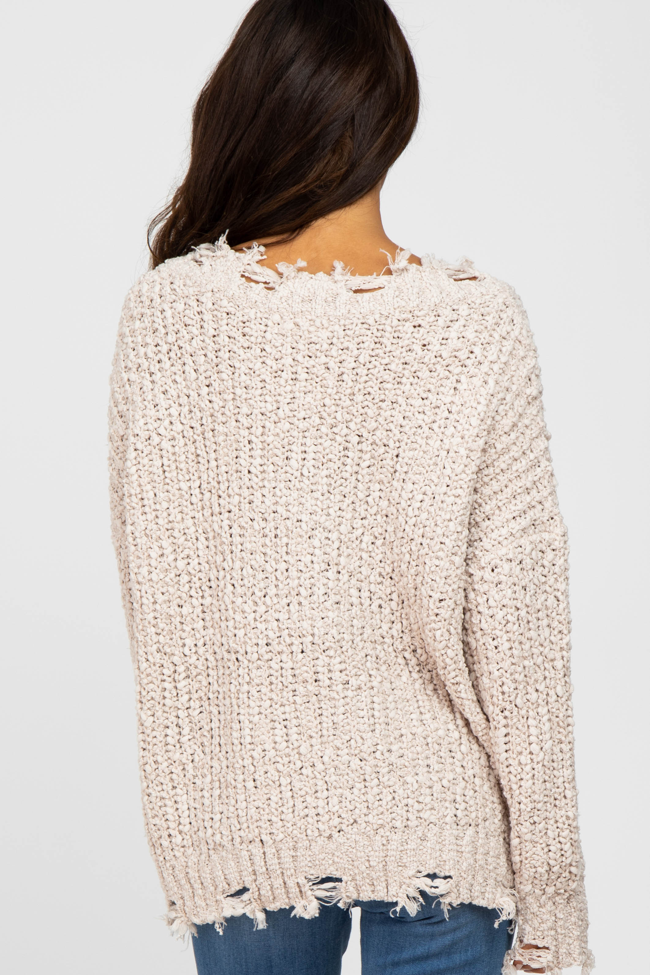 Distressed Beige V-Neck Sweater for Women - Soft & Cozy Pullover for Casual Outfits, Fall Layering & Winter Fashion