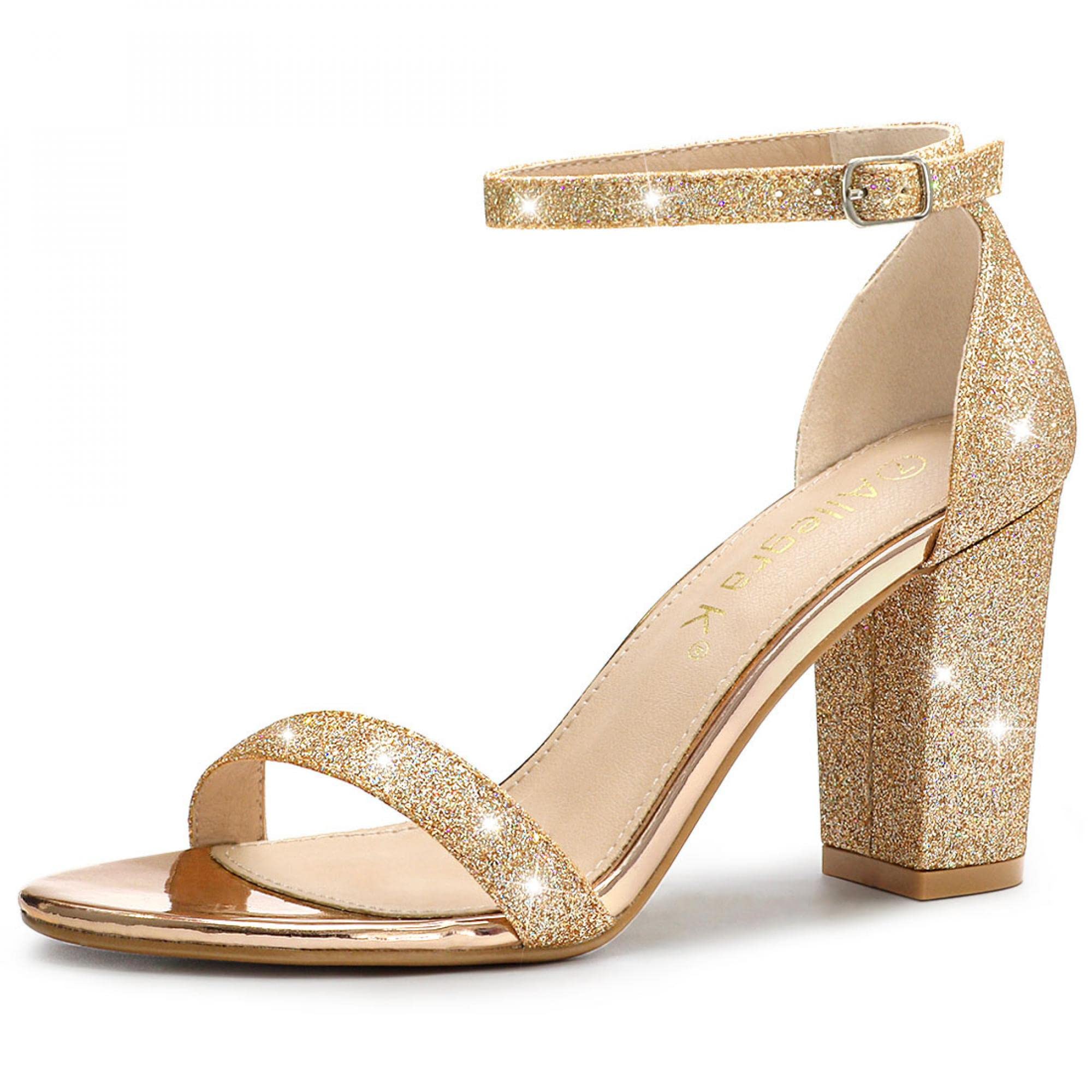 Allegra K Women's Glitter Ankle Strap Chunky Heel Sandals - Party & Evening Dress Shoes for Weddings, Prom, and Special Occasions