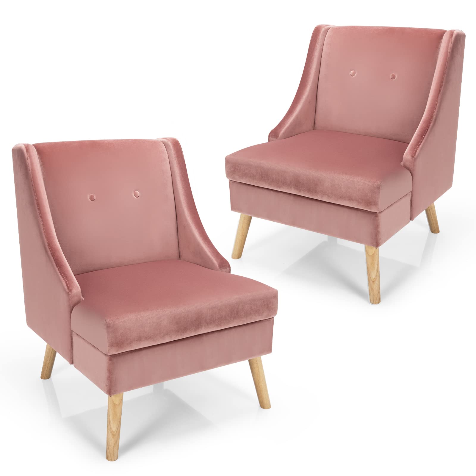 Velvet Accent Chairs Set of 2 - Upholstered Armchairs with Rubber Wood Legs, Button Tufted Club Chairs for Living Room, Bedroom, Reading Nook - Soft Pink Velvet Sofa Chairs for Home Decor & Relaxation