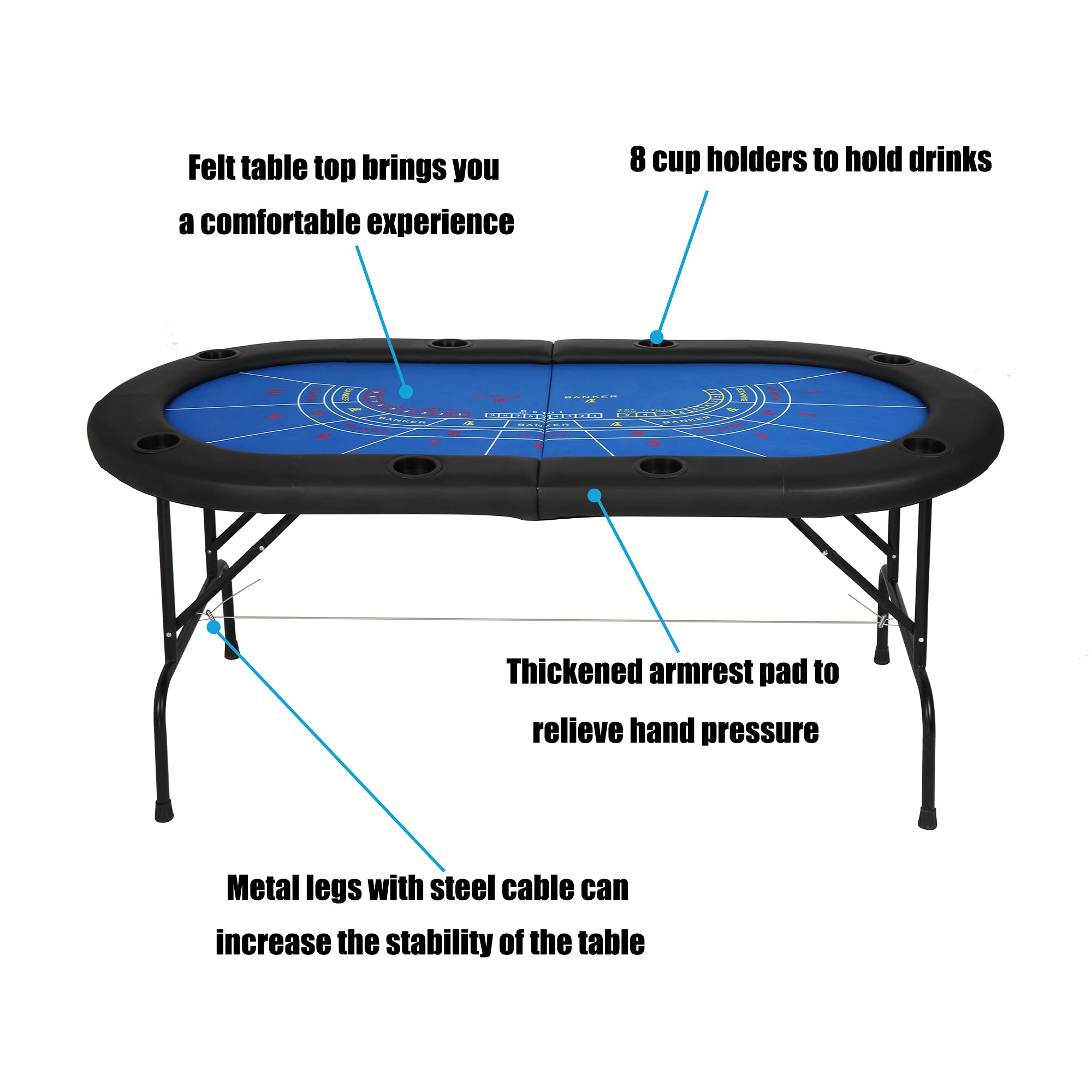 8 Player Folding Craps Poker Table for Texas Holdem, Blackjack & Baccarat - Casino Game Table with Blue Felt - Perfect for Home Game Nights & Casino-Themed Parties