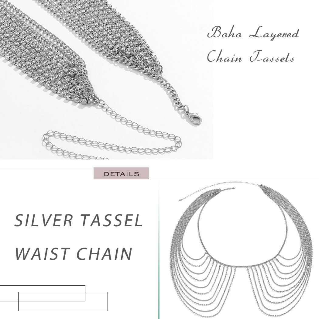 Sexy Rhinestone Body Chain Skirt - Silver Belly Chain for Women, Tassel Waist Jewelry for Rave Party & Festival Outfits | Perfect for Music Festivals, Beach Parties & Nightclub Looks
