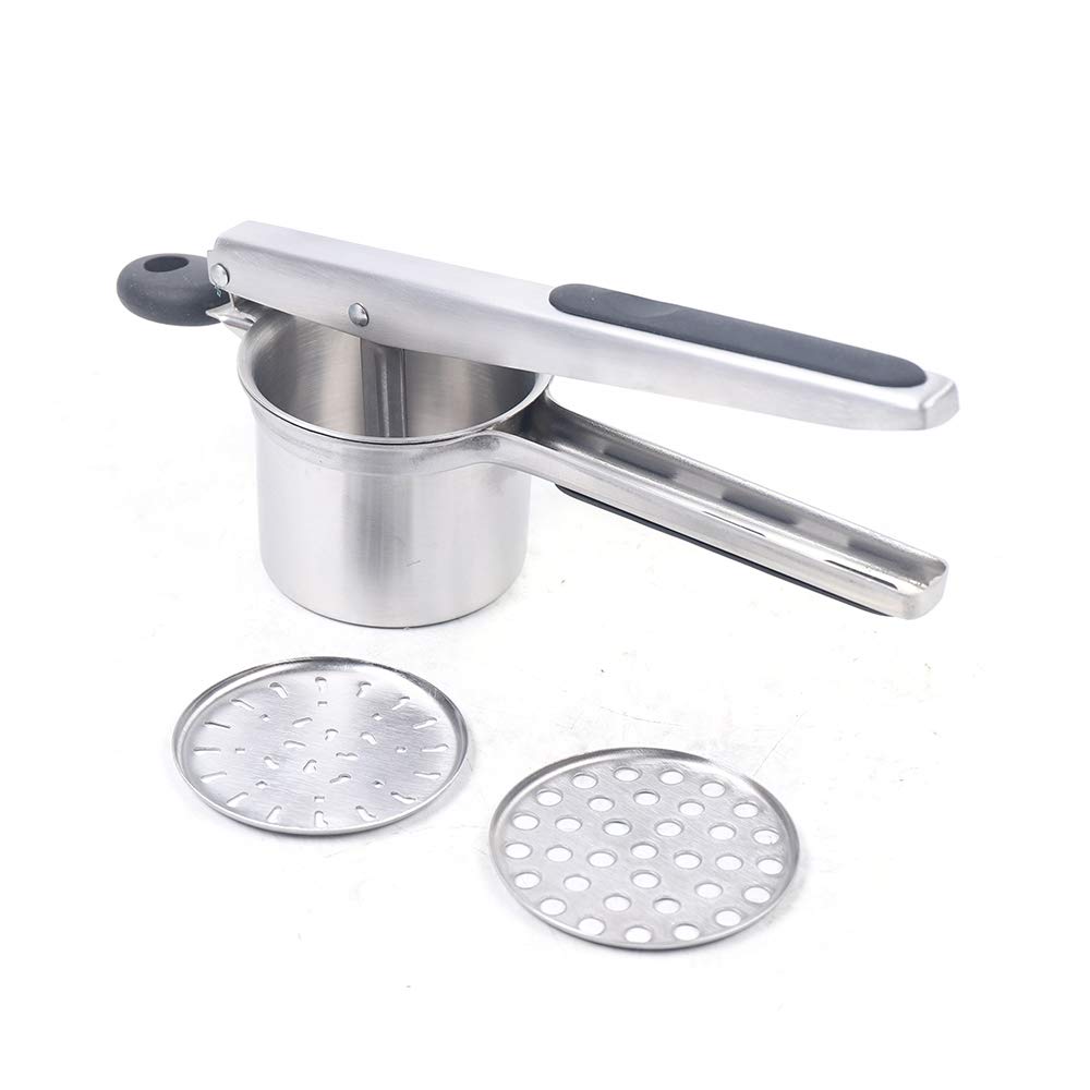 Premium Stainless Steel Potato Masher & Ricer with 2 Interchangeable Discs - Perfect for Mashing Potatoes, Fruits, Vegetables - Ideal for Kitchens, Restaurants & Home Cooking