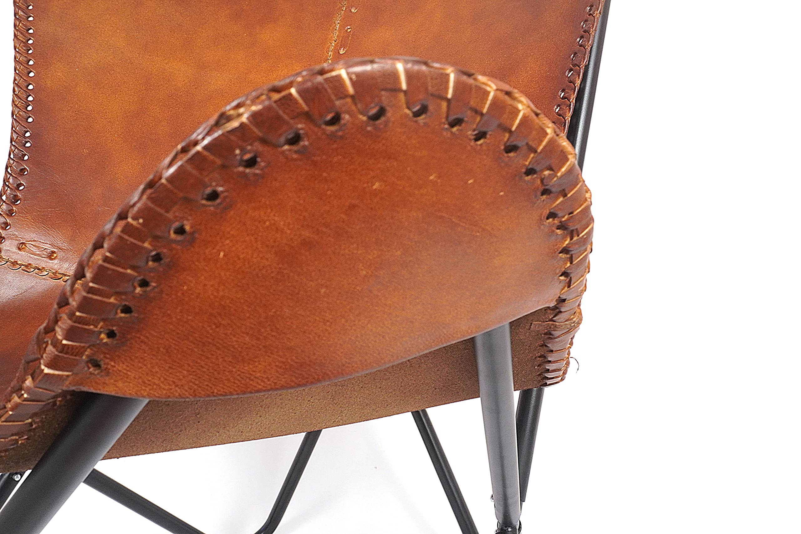 Hand-Stitched Brown Leather Accent Chair with Black Iron Frame - Boho Style Side Chair for Living Room, Bedroom & Office - Perfect for Reading Nook, Lounge Area or Home Decor