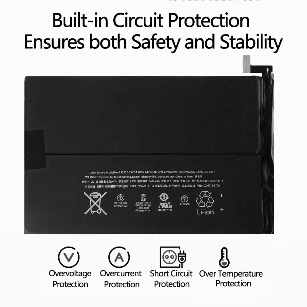High Capacity 6471mAh A1512 A1489 Replacement Battery for iPad Mini 2 (A1489/A1490/A1491) & iPad Mini 3 (A1599/A1600/A1601) - Includes Installation Tools - Perfect for Home, Office & Travel Use