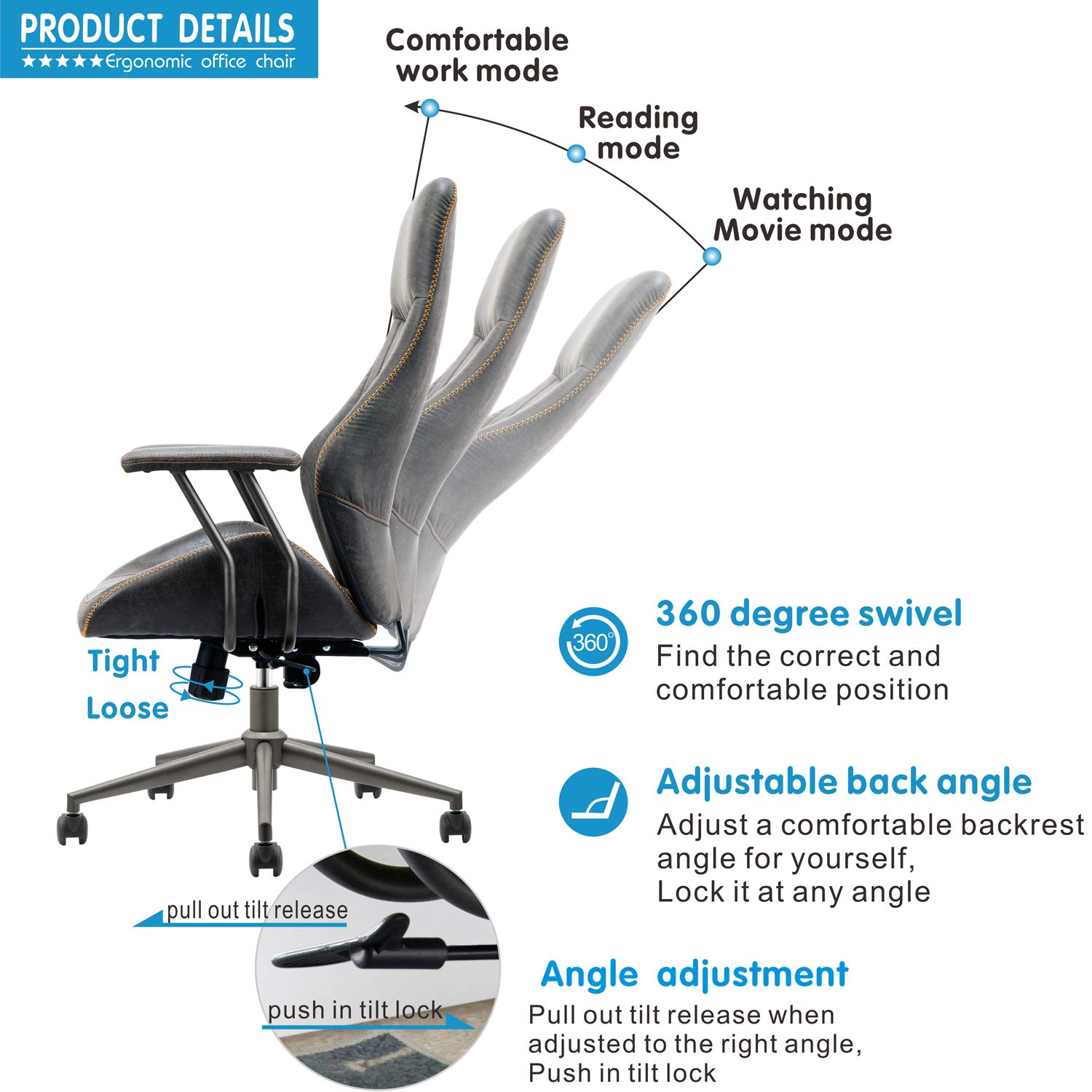Ergonomic Office Chair with High Back & Lumbar Support - Modern Computer Desk Chair for Home or Executive Office - Adjustable Leather Executive Chair for Long Hours Sitting (Gray-Black) - Perfect for Home Office, Gaming Setup, and Professional Workspaces