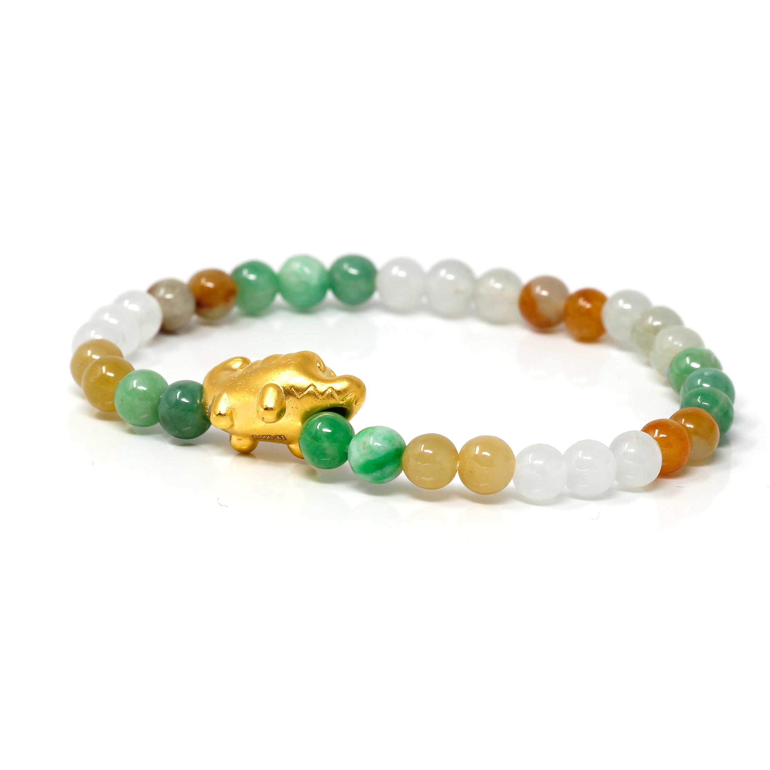 Baikalla Jewelry Elegant Jadeite Stretch Bead Bracelet with 24K Gold Crocodile Charm - Perfect for Women's Fashion Accessories, Gift Giving & Special Occasions