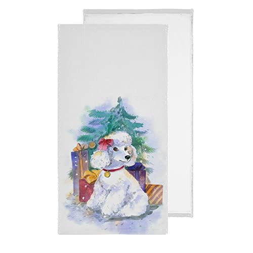Christmas Tree Dog Hand Towels Set of 2 - Cute White Poodle Kitchen & Bath Towels - Absorbent Soft Face Washcloth for Holiday Decor, Home & Bathroom Use - Perfect Gift for Pet Lovers & Seasonal Kitchen Decor