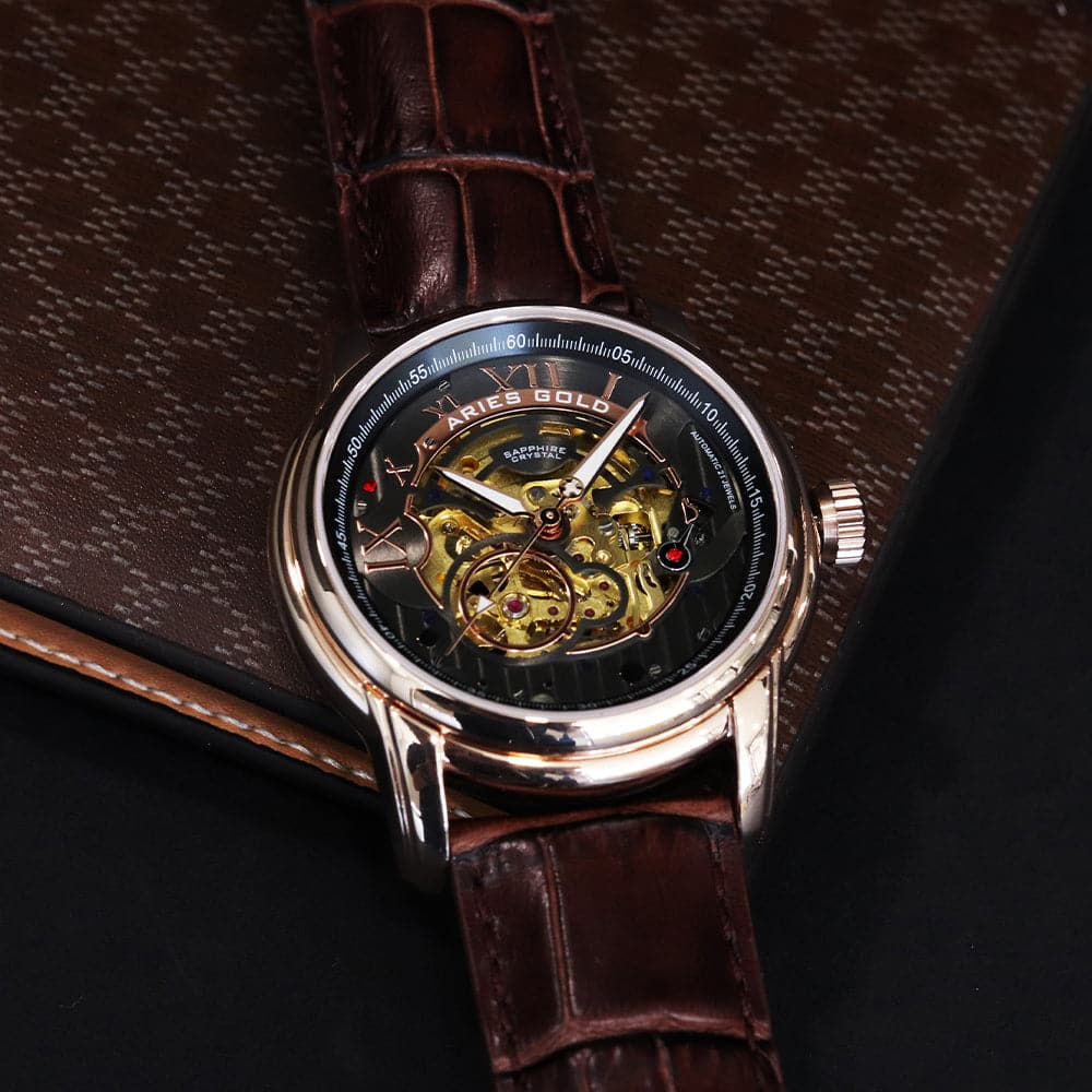 ARIES GOLD Automatic Infinum El Toro Men's Watch - Stainless Steel Case, Brown Leather Strap, Gold-Tone (G 9005G RG BK) | Luxury Dress Watch for Business, Formal Occasions & Gifts