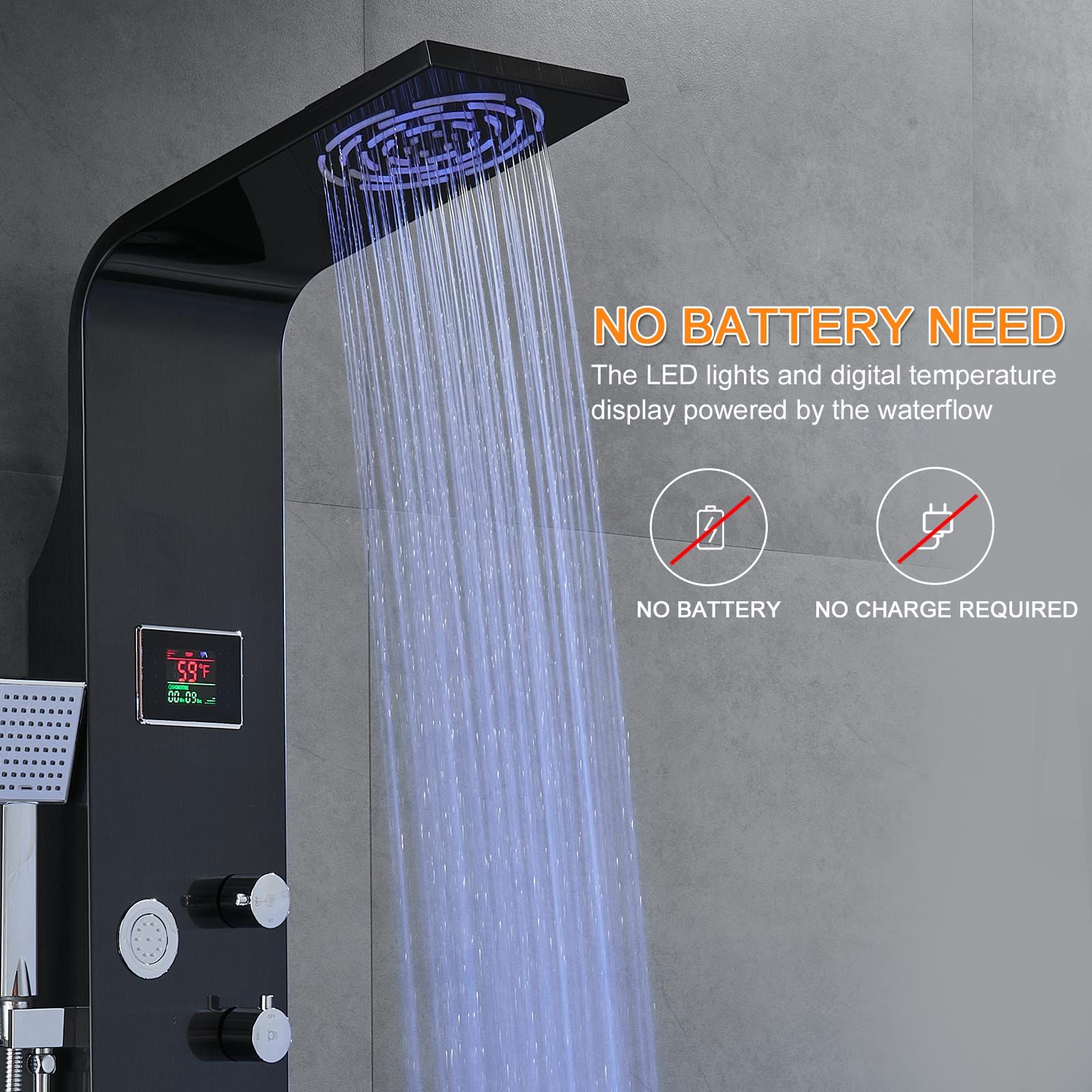 ROVATE Rainfall Waterfall Shower Panel Tower System with LED Lights - No Battery Needed, Multi-Function Shower Tower with Rain Massage, Body Jets, Handheld Shower Wand & Tub Spout - Black - Perfect for Spa-Like Bathroom Upgrades & Luxury Shower Experience