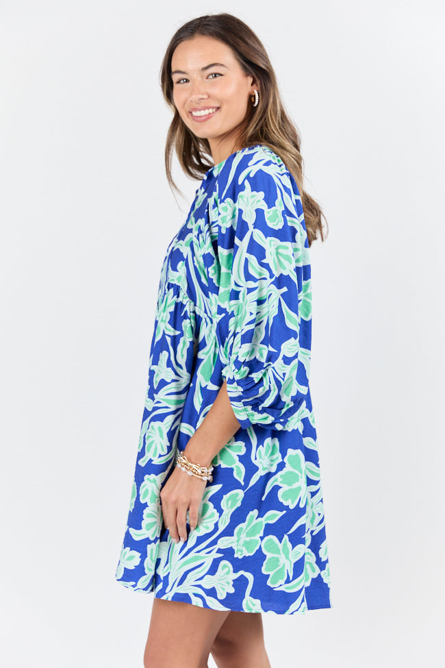 Blue and Green Floral Print Long Sleeve Mini Dress for Women - Elegant Flowy Party Dress for Date Night, Wedding Guest & Spring Outfits